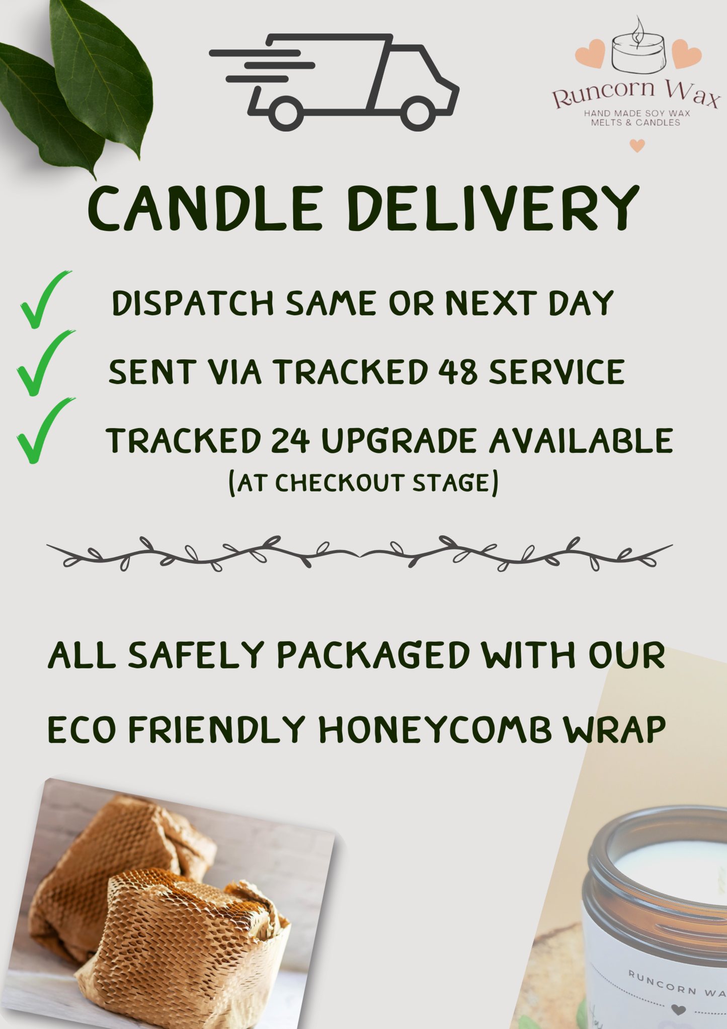 Shipping and delivery details for candles, including same day dispatch, tracked 48 service, tracked 24 upgrade, and eco friendly packaging.