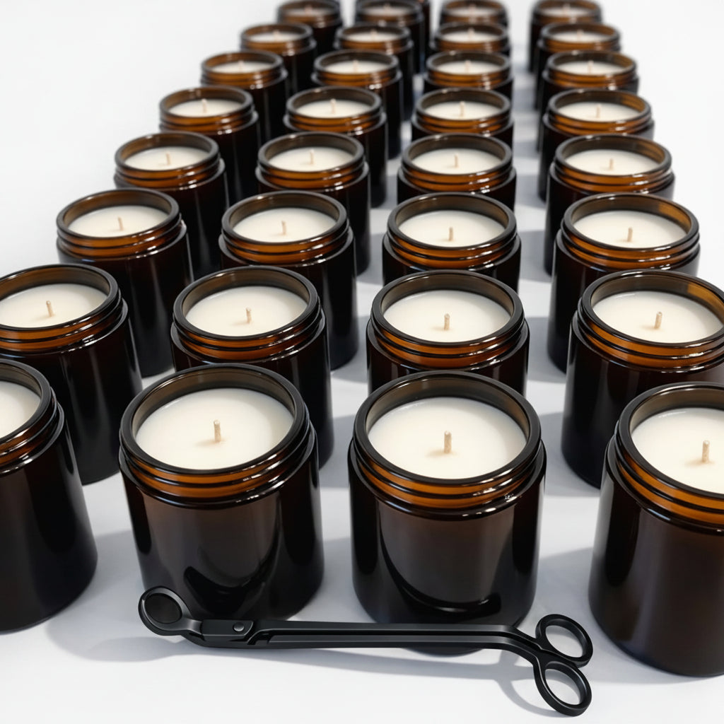 runcorn wax handmade premium soy wax candles bulk order in amber jars with wick trimmer
