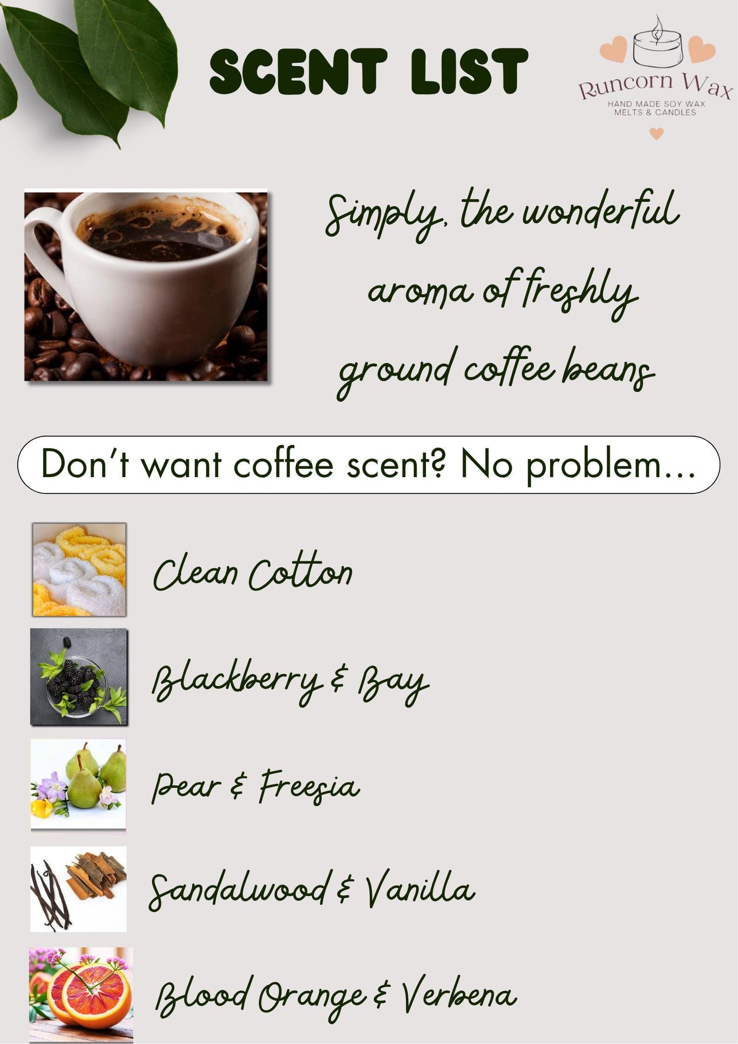 Scent list with images and descriptions of different scents, including coffee, on a light background.