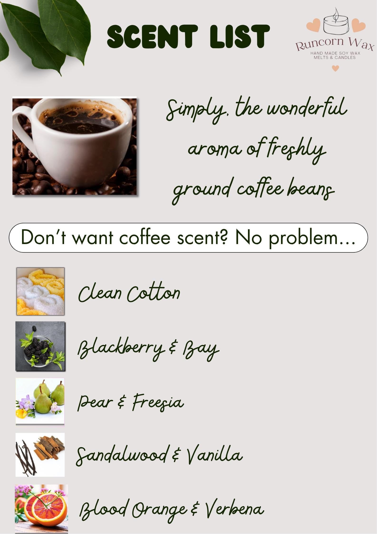 Scent list with images and descriptions of different scents, including coffee, on a light background.