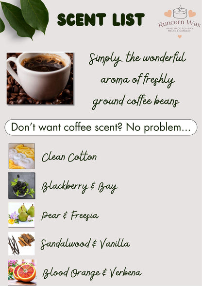 Scent list with images and descriptions of different scents, including coffee, on a light background.