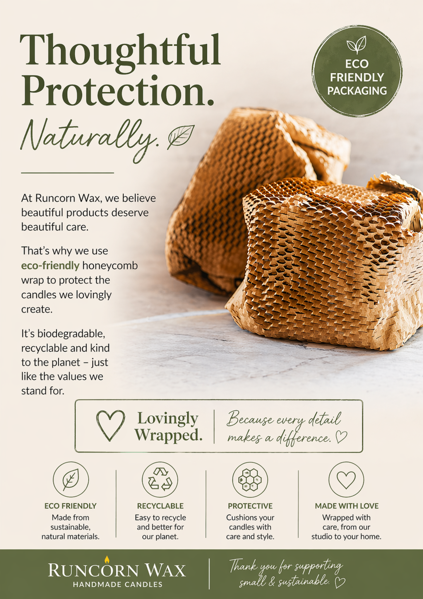 Sustainable candle packaging with honeycomb paper wrap, featuring natural tones and eco-friendly messaging from Runcorn Wax.
