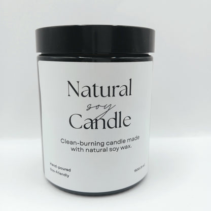 Jar of natural soy candle with black lid on a white background