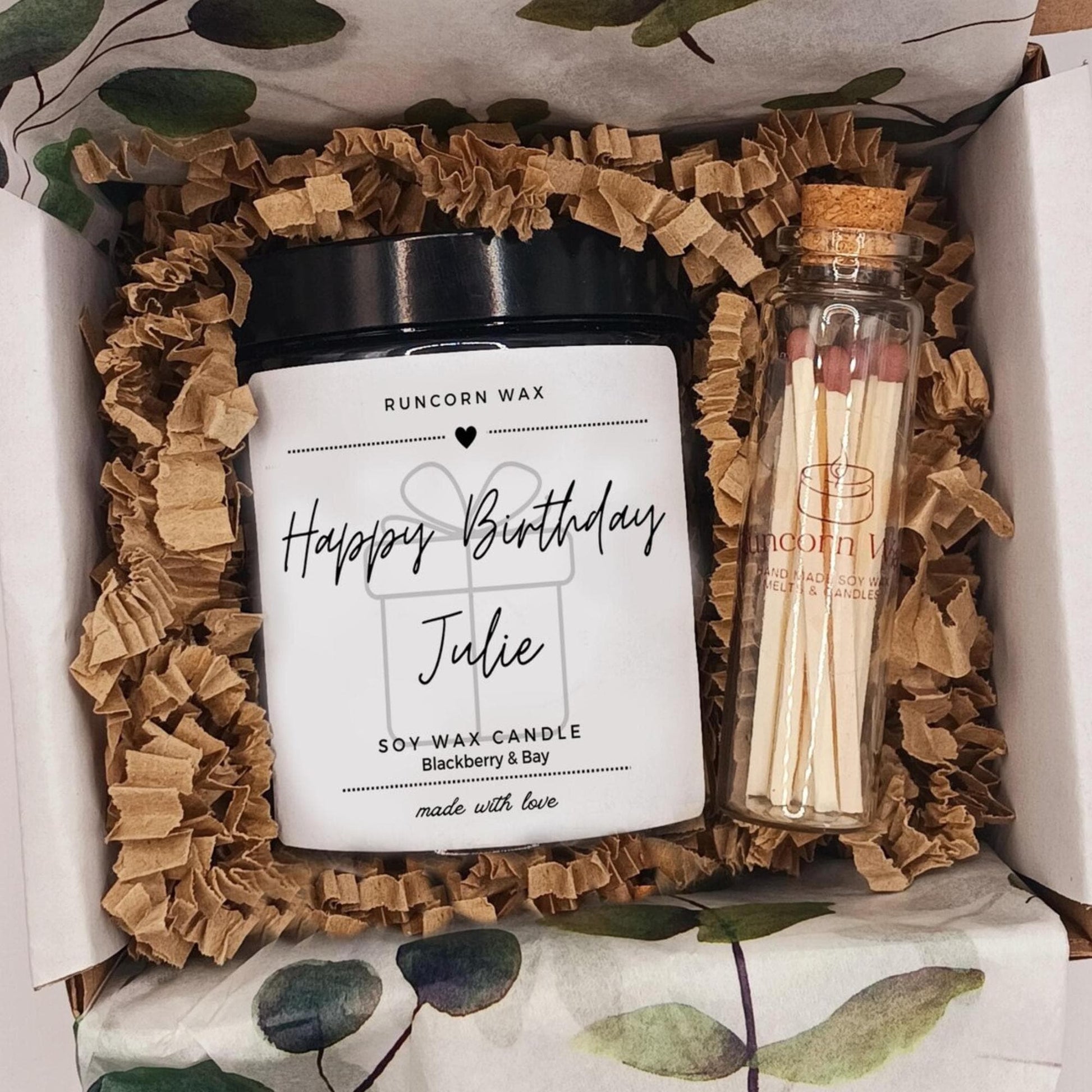 Personalized birthday candle with matches in a decorative box