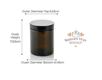 Amber candle jar with black lid and dimensions on a white background, featuring the Runcorn Wax logo.