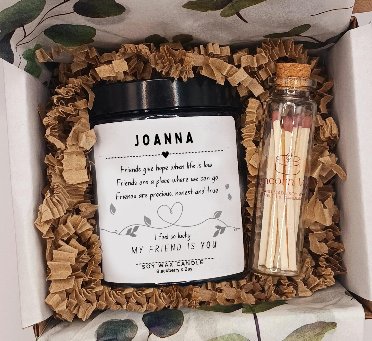 Candle and match set with 'JOANNA' branding in a decorative box. Friend friendship birthday candle