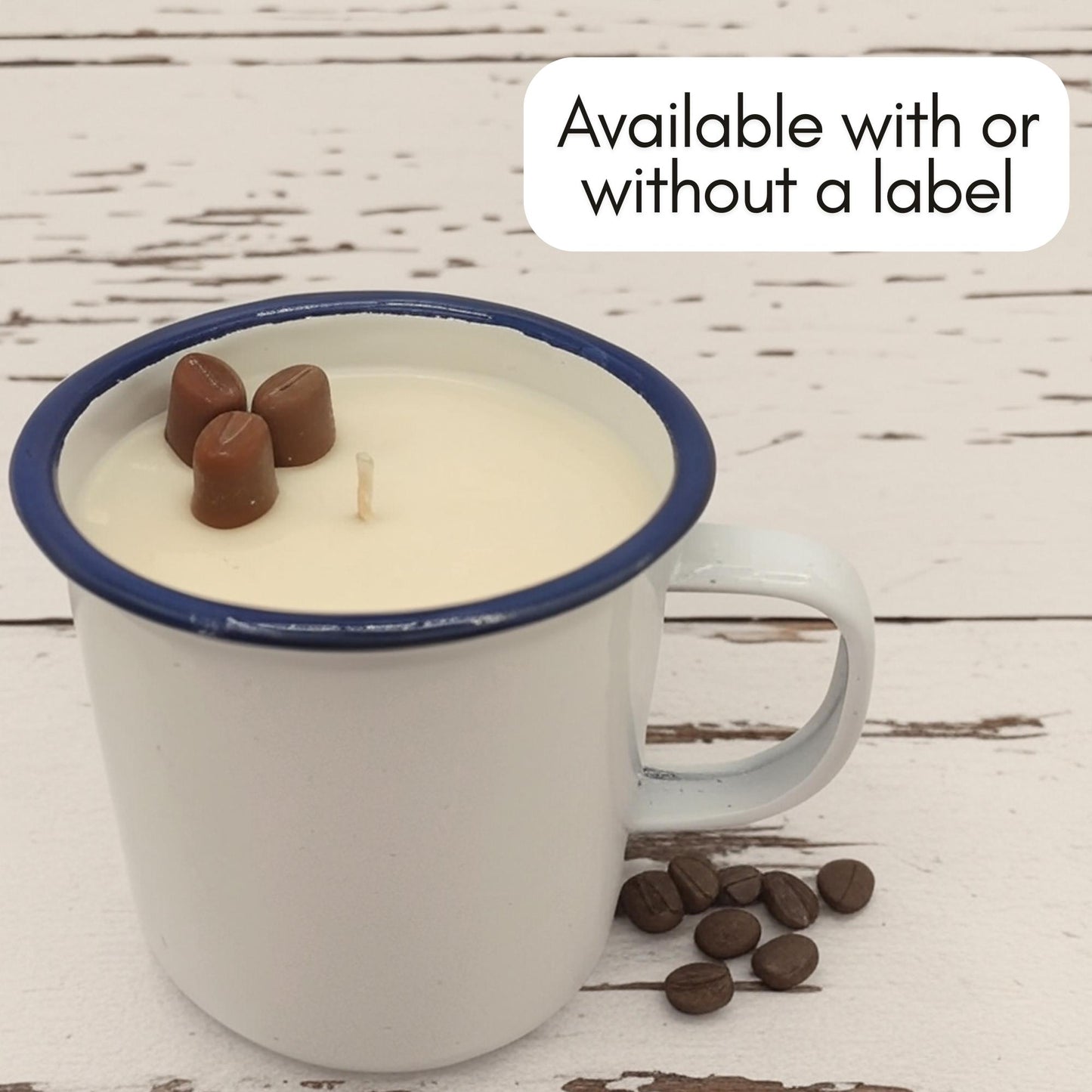 Candle in a mug with chocolate candies on a wooden surface, text 'Available with or without a label'.