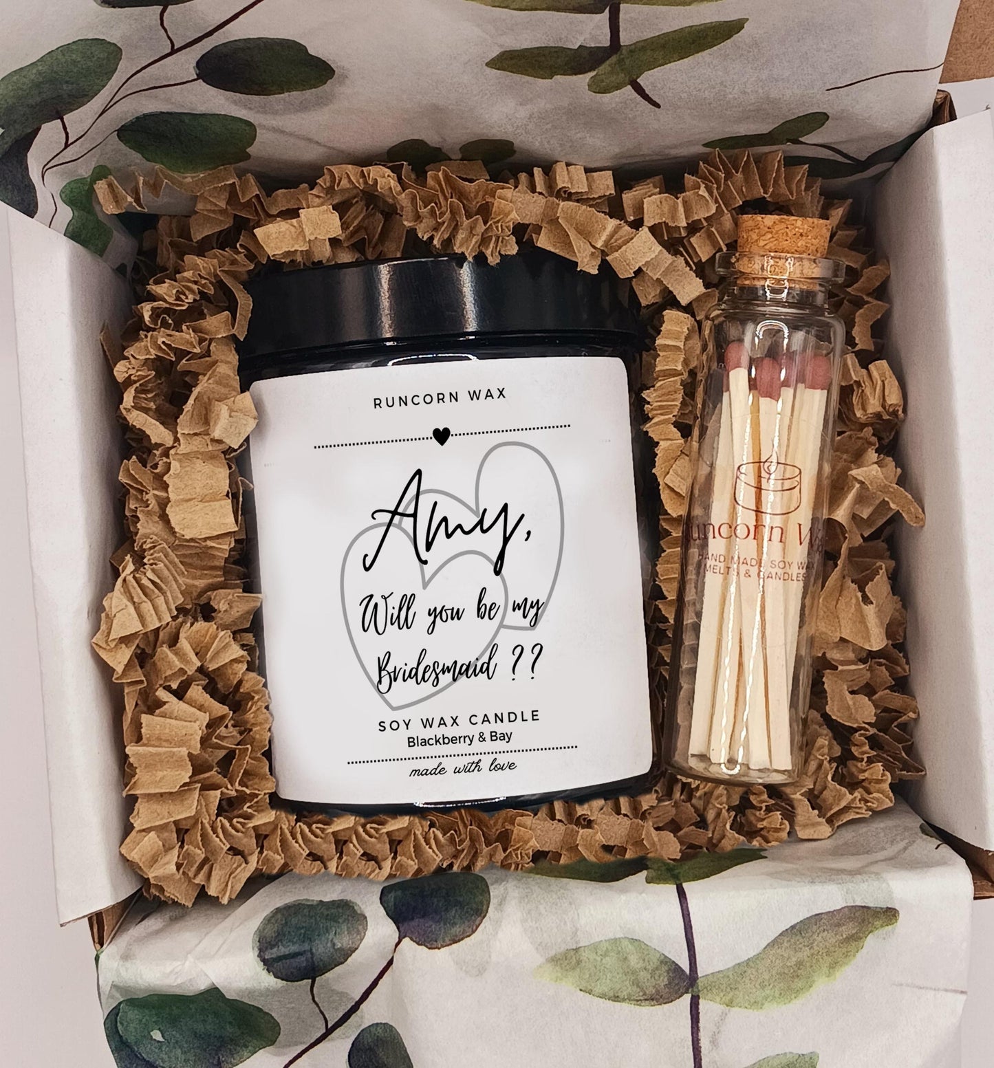 Candle and matchbox set with 'Will you be my bridesmaid?' message in a decorative box.