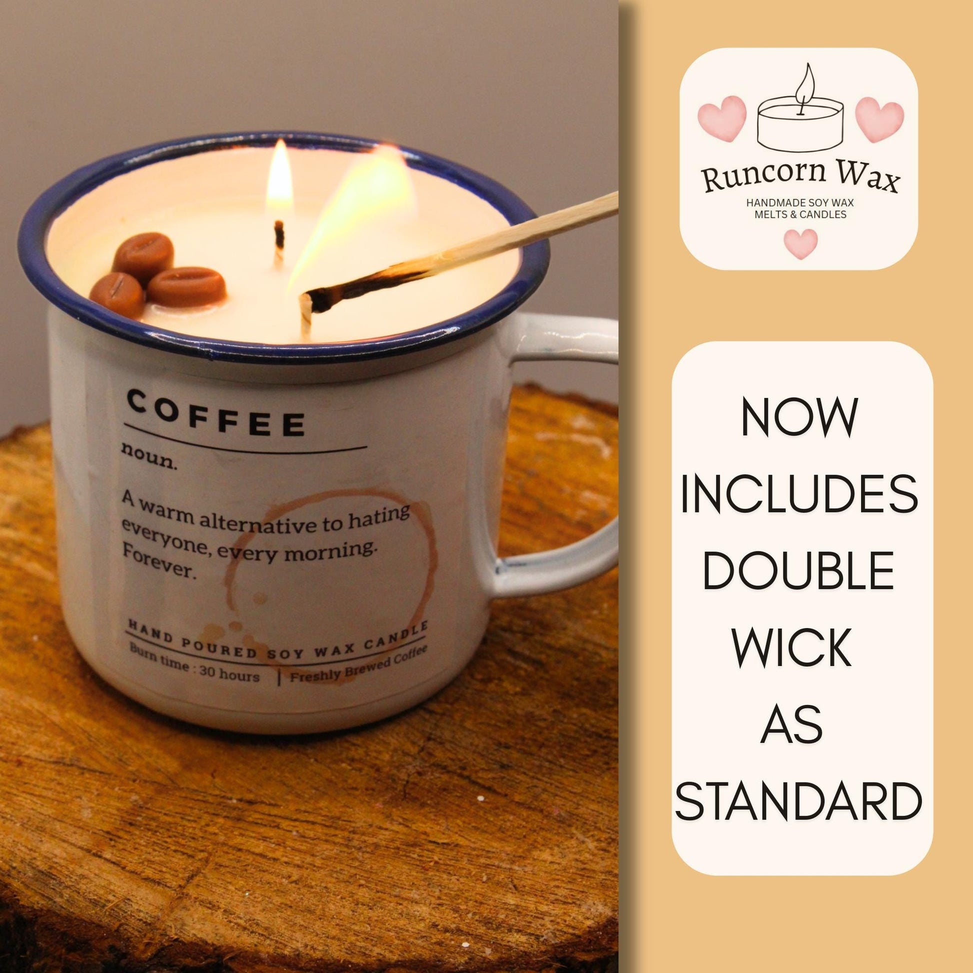 Candle in a mug labeled 'Coffee' with a match, on a wooden surface, featuring Runcorn Wax branding.