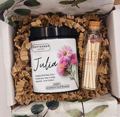 birth flower birthday Gift set with a candle and matches in a decorative box