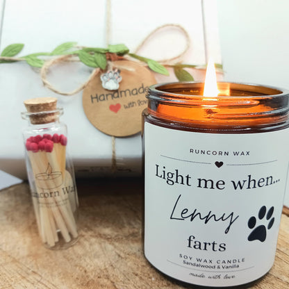 Candle labeled 'Light me when Lenny farts' with matches and a decorative tag in the background. dgg fart funny gift