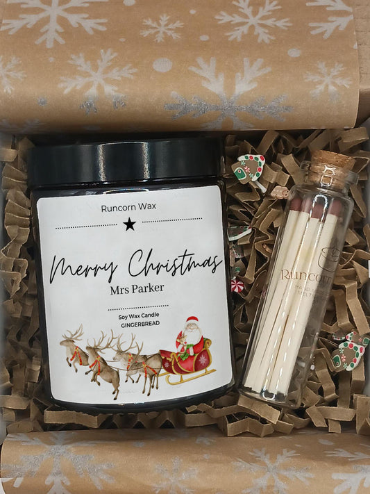 Merry Christmas personalised Gift set with candle, matches, and decorative items in a box with snowflake pattern