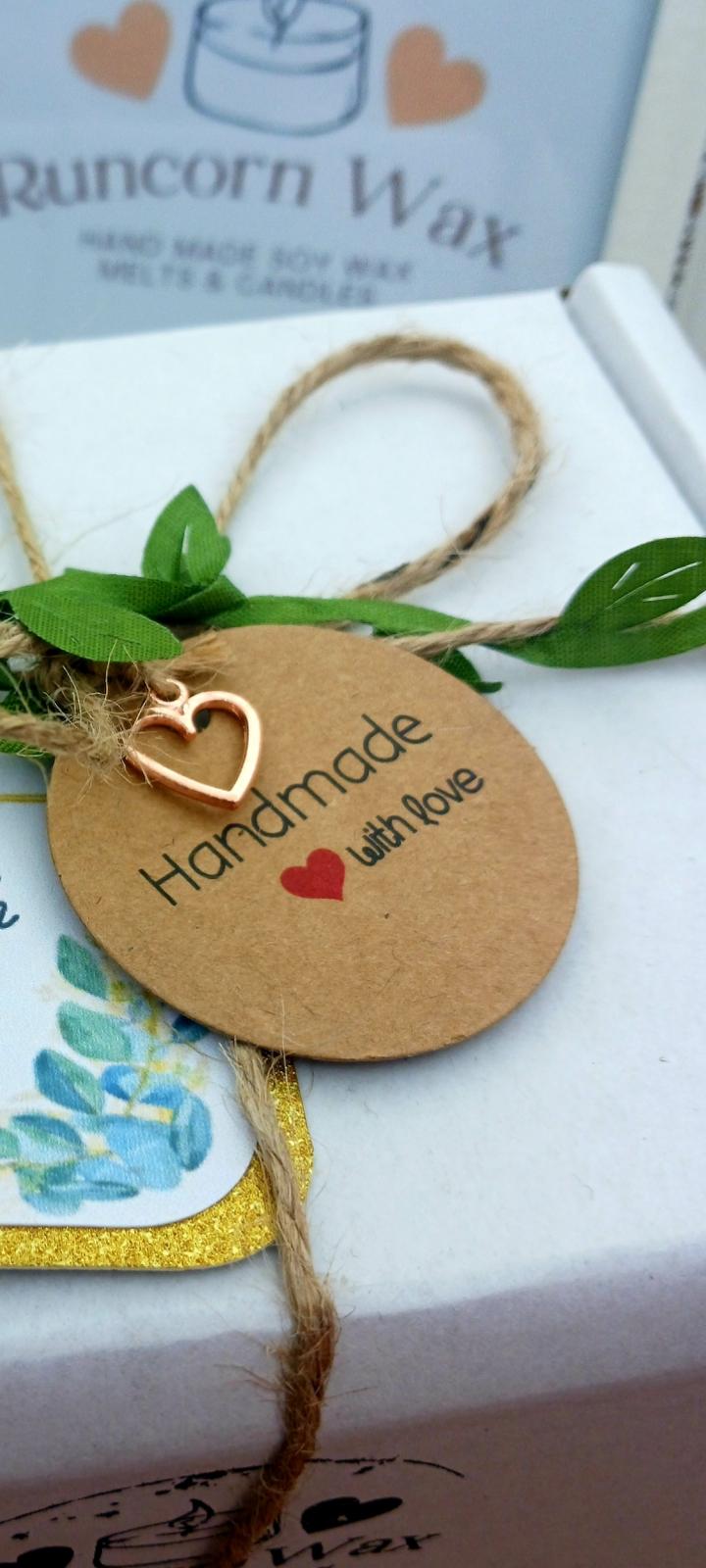 Handmade with Love tag on a gift box with decorative elements