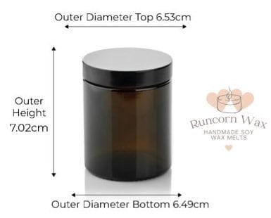 Amber glass jar with black lid and measurements on a white background, featuring Runcorn Wax branding.