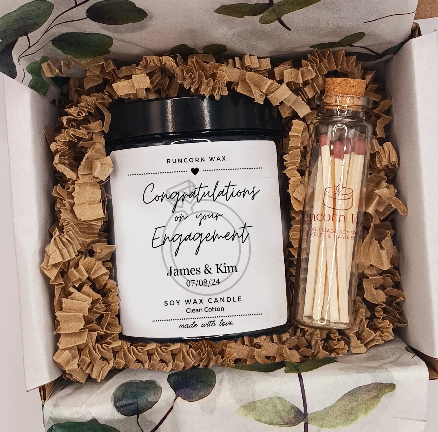 Engagement gift set with candle and matches in a decorative box
