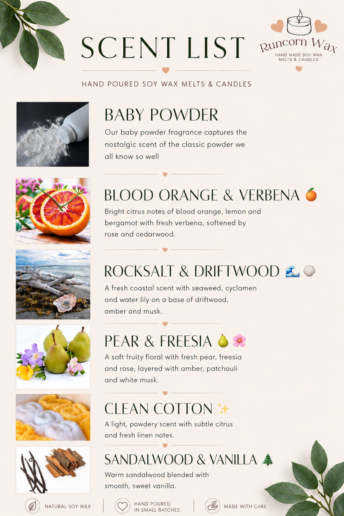 A clean, elegant scent list poster for Runcorn Wax hand-poured soy wax melts and candles. The design features a soft neutral background with green botanical accents and dark green typography. Each fragrance— Baby powder , Blood Orange & Verbena, Rocksalt & Driftwood, Pear & Freesia, Clean Cotton, and Sandalwood & Vanilla—is paired with a corresponding image and a concise description. Decorative hearts and leaf elements add a natural