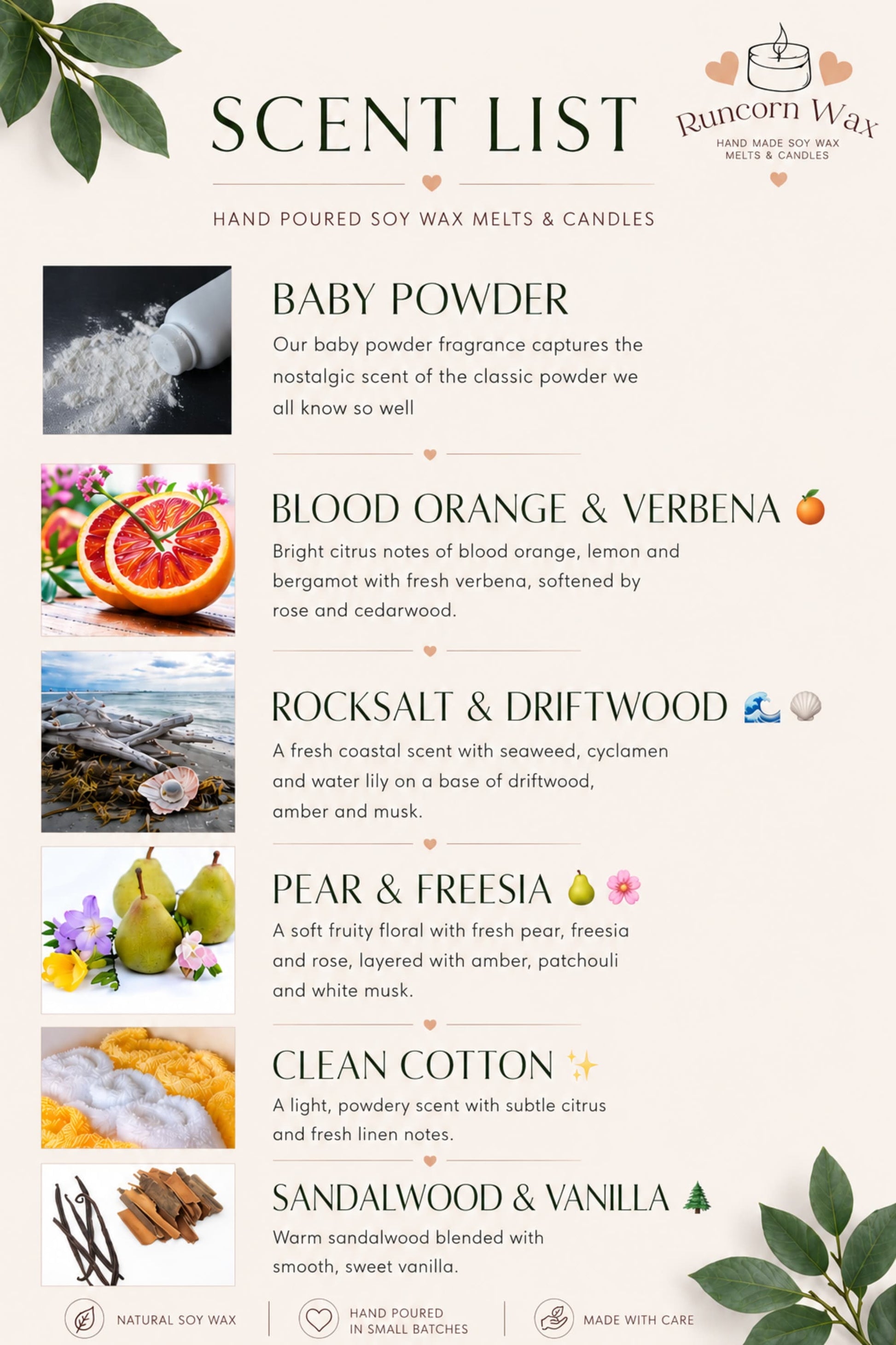 A clean, elegant scent list poster for Runcorn Wax hand-poured soy wax melts and candles. The design features a soft neutral background with green botanical accents and dark green typography. Each fragrance— Baby powder , Blood Orange & Verbena, Rocksalt & Driftwood, Pear & Freesia, Clean Cotton, and Sandalwood & Vanilla—is paired with a corresponding image and a concise description. Decorative hearts and leaf elements add a natural