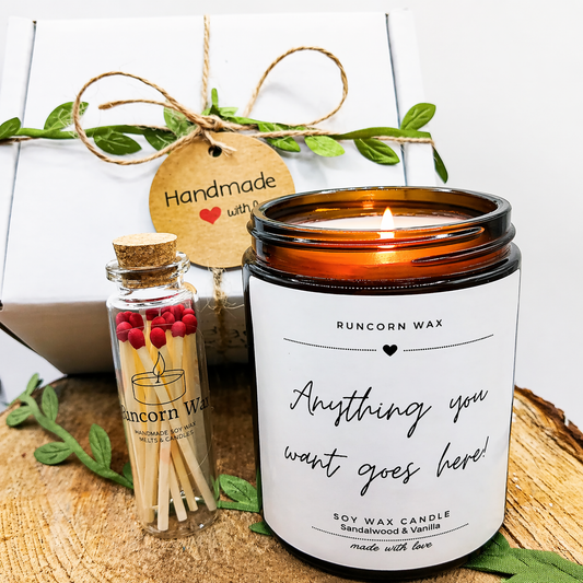 Candle and matches set with 'Runcorn Wax' branding on a wooden surface. custom text personalised personalised soy wax candle