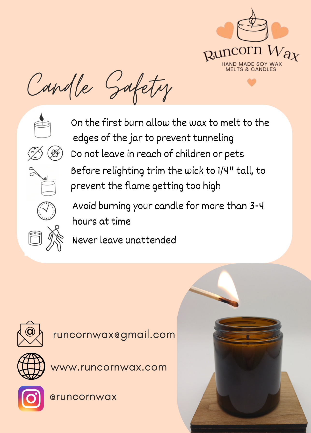 Candle safety information with a lit candle on a beige background, featuring Runcorn Wax branding.