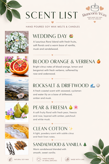 Elegant scent list poster for Runcorn Wax hand-poured soy wax melts and candles, featuring a soft neutral background with green botanical accents. Includes fragrances Wedding Day, Blood Orange & Verbena, Rocksalt & Driftwood, Pear & Freesia, Clean Cotton, and Sandalwood & Vanilla, each paired with imagery and concise descriptions. Clean, minimal design with premium, natural aesthetic.