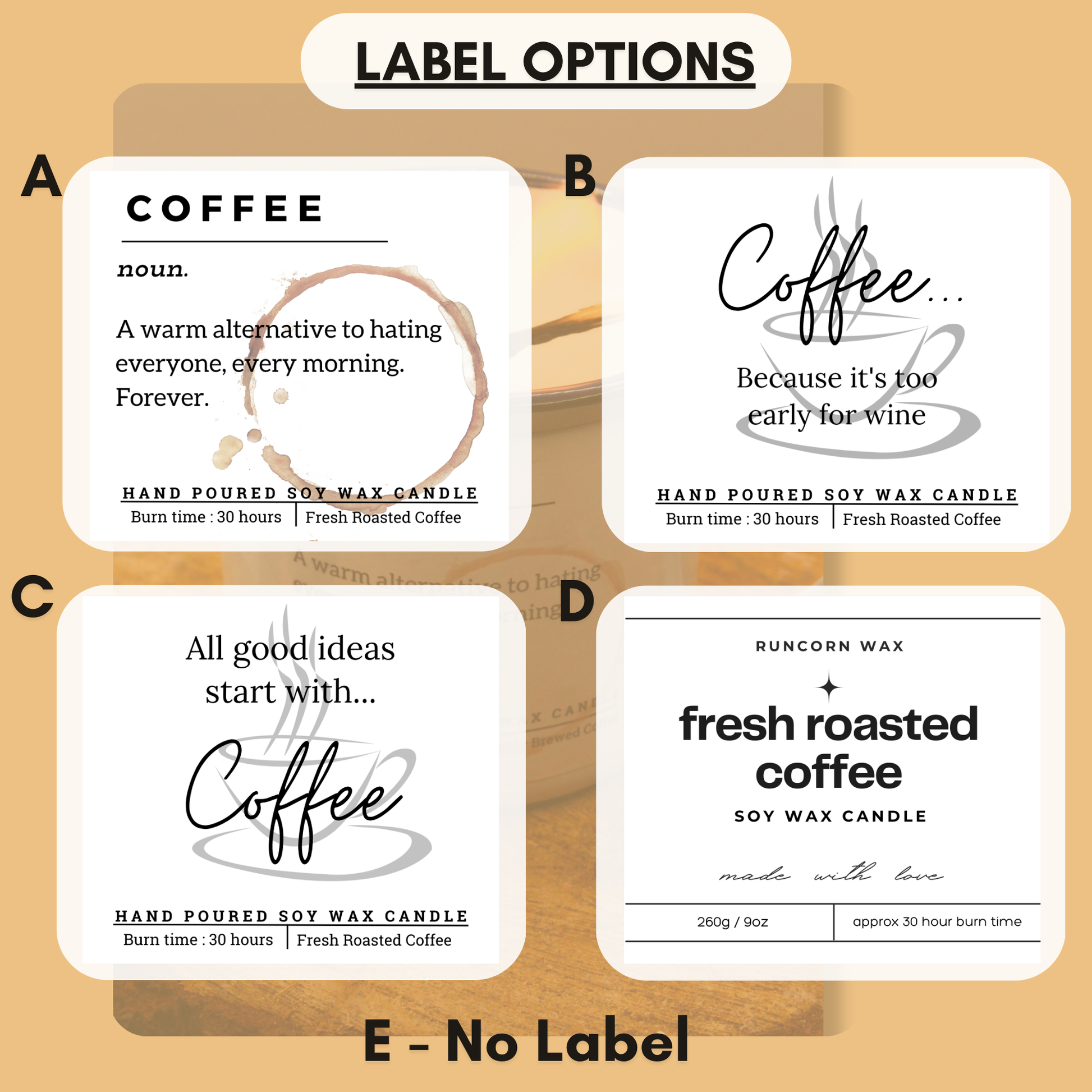 Set of label options for a hand-poured soy wax candle with different text designs.
