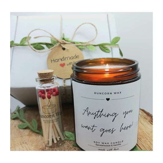 Candle and matches set with 'Runcorn Wax' branding on a wooden surface. custom text personalised