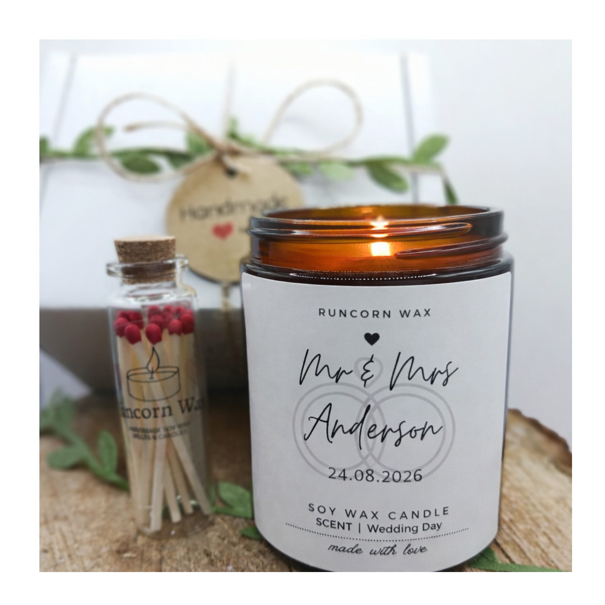 luxury Personalised soy wax candle with matches on a wooden surface for mr mrs wedding present