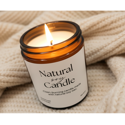 Natural unscented soy candle in amber glass jar, clean-burning vegan candle on cozy knit background runcorn wax