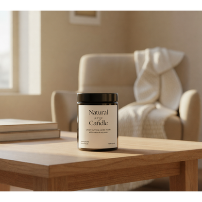 Candle jar on a wooden table with a blurred background of a cozy living room.