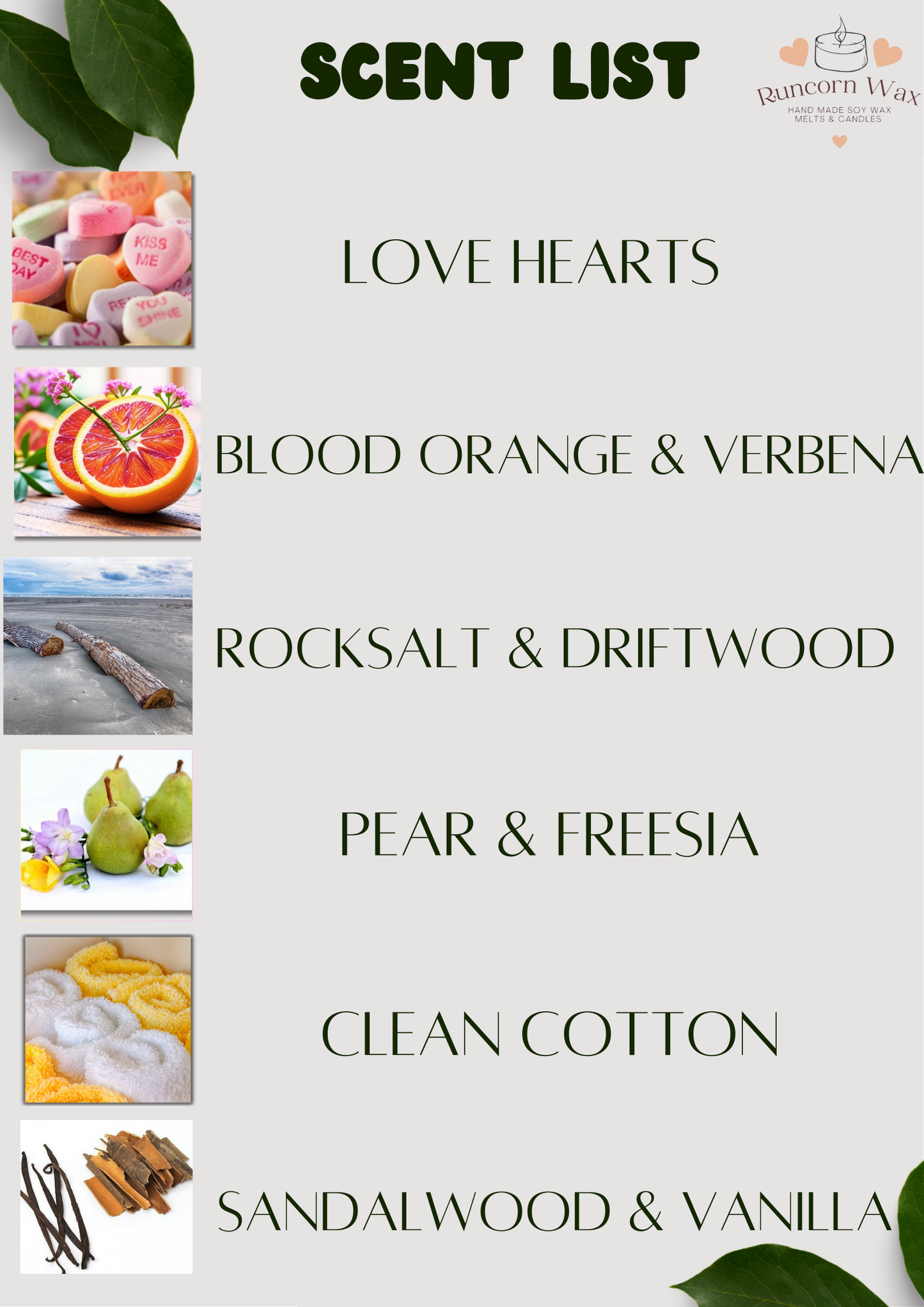 Scent list with images and names of scents on a white background rocksalt driftwood love hearts sandalwood