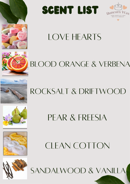 Scent list with images and names of scents on a white background rocksalt driftwood love hearts sandalwood