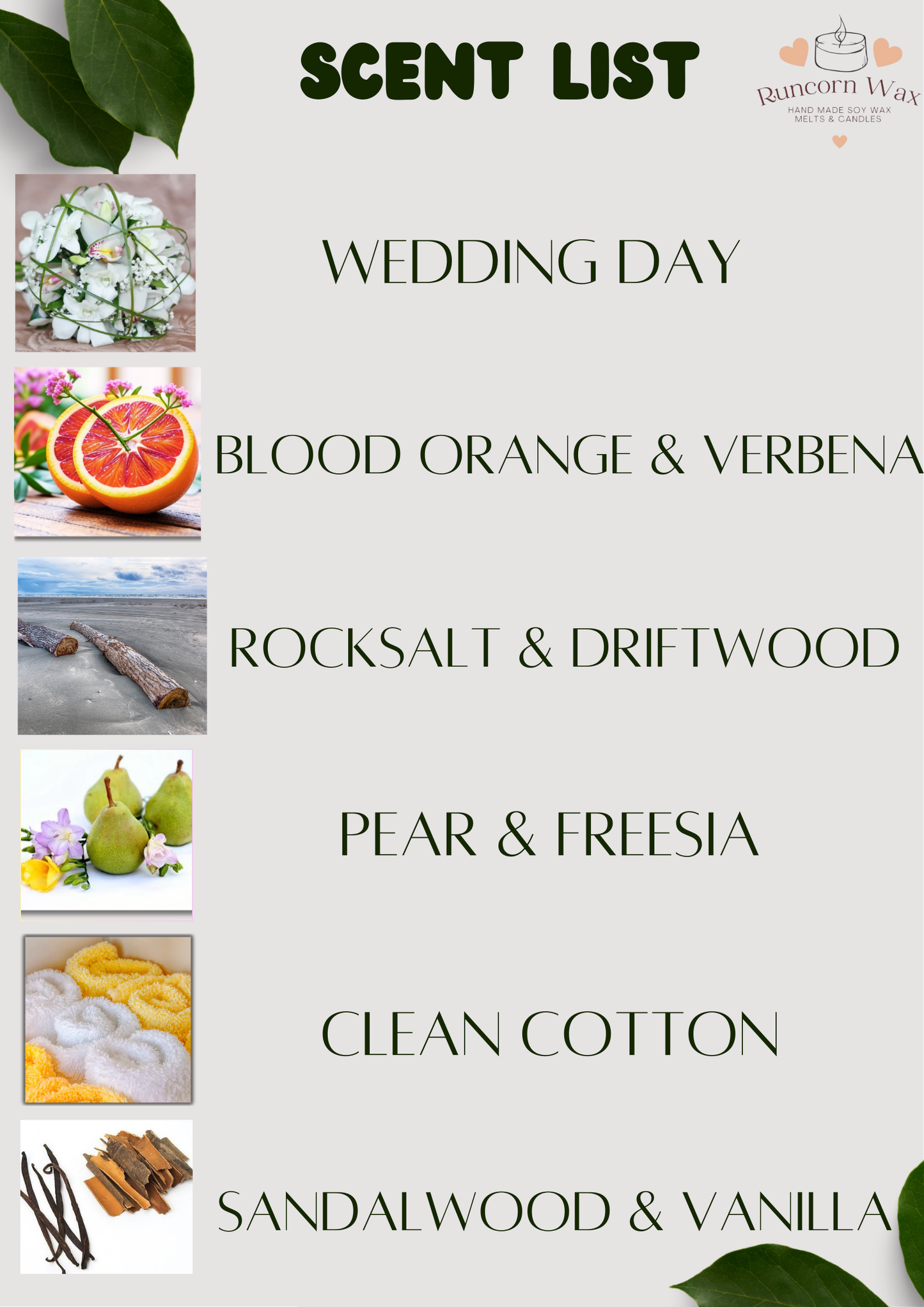 Scent list with images and names of scents including 'Wedding Day', 'Blood Orange & Verbena', etc.