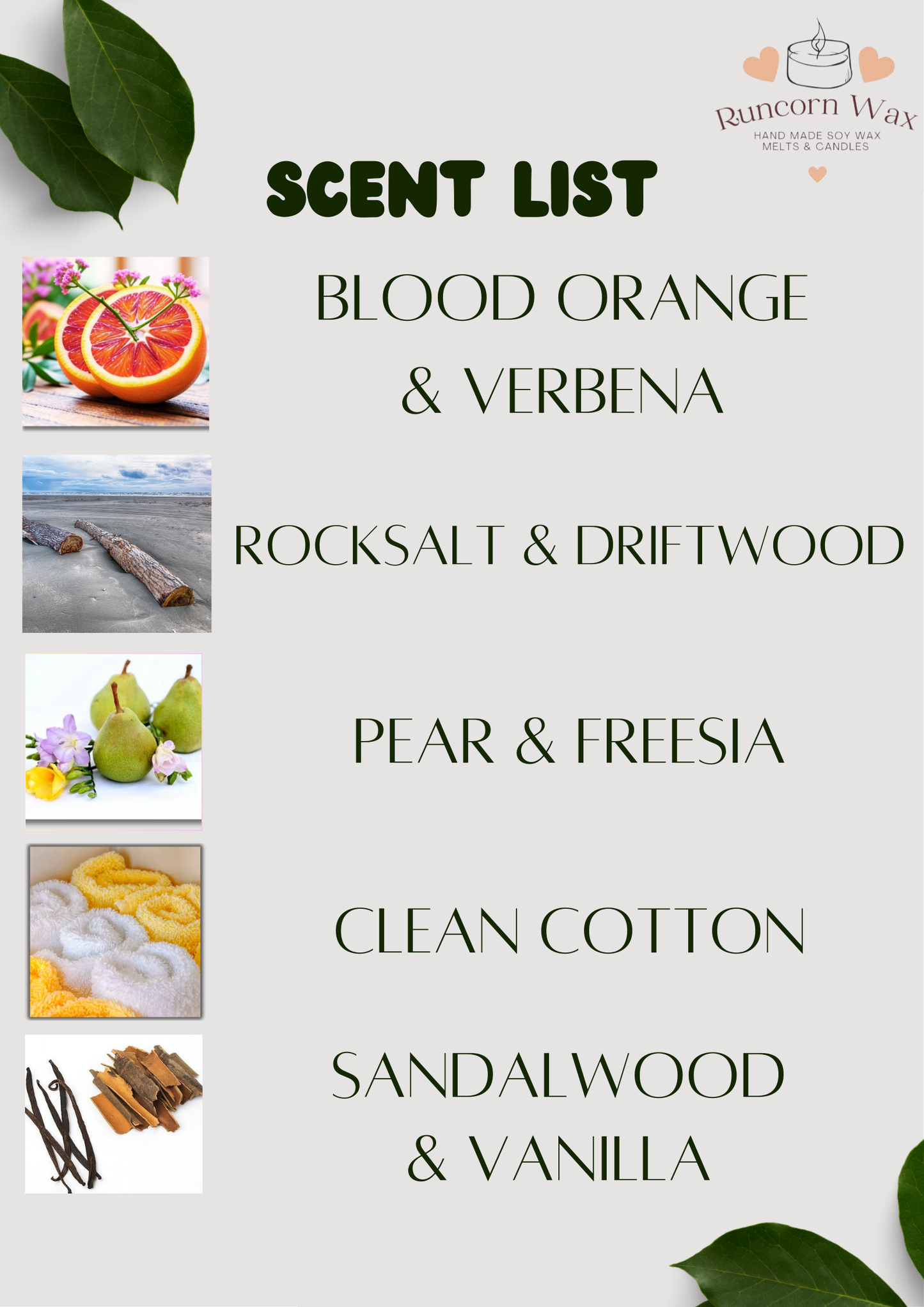 Scent list with images and names of scents on a white background rocksalt driftwood love hearts sandalwood