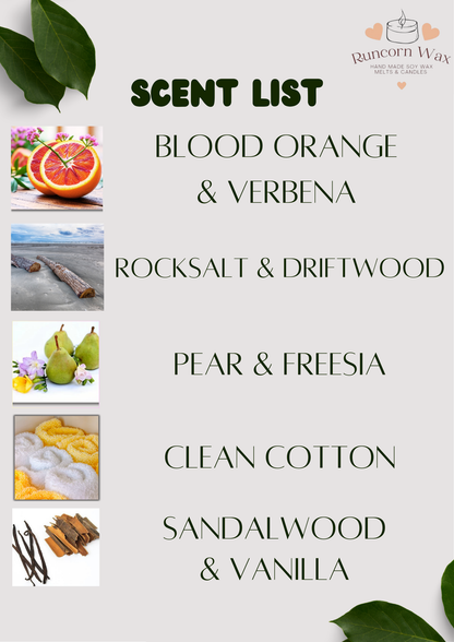 Scent list with images and names of scents on a white background rocksalt driftwood love hearts sandalwood