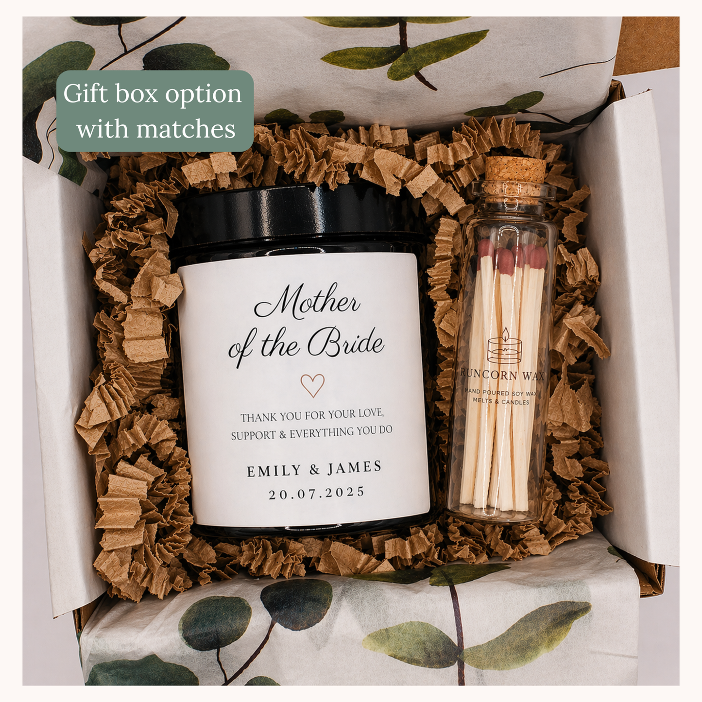 Gift set with 'Mother of the Bride' candle and match bottle in a decorative box.