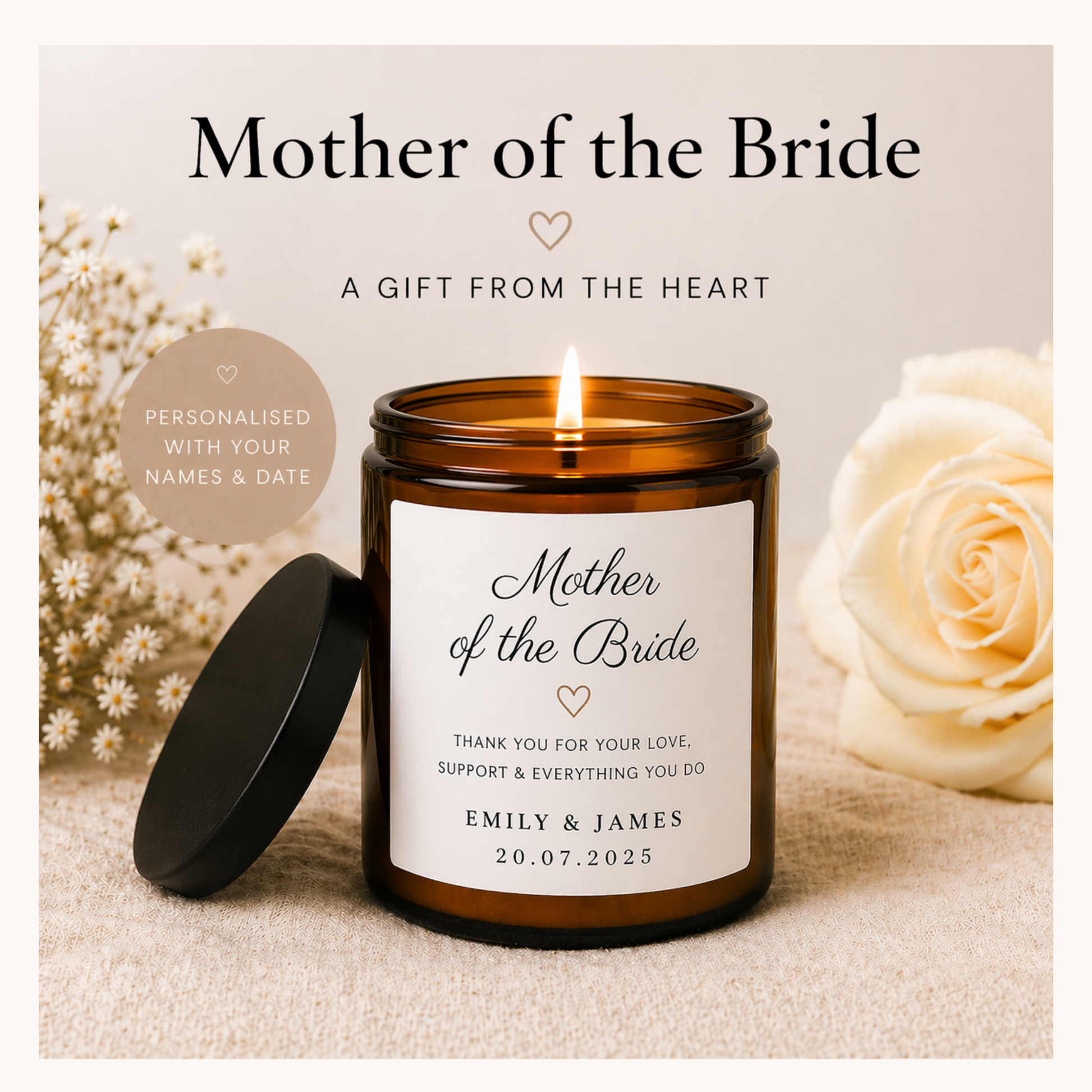 Candle with 'Mother of the Bride' label surrounded by flowers on a beige background