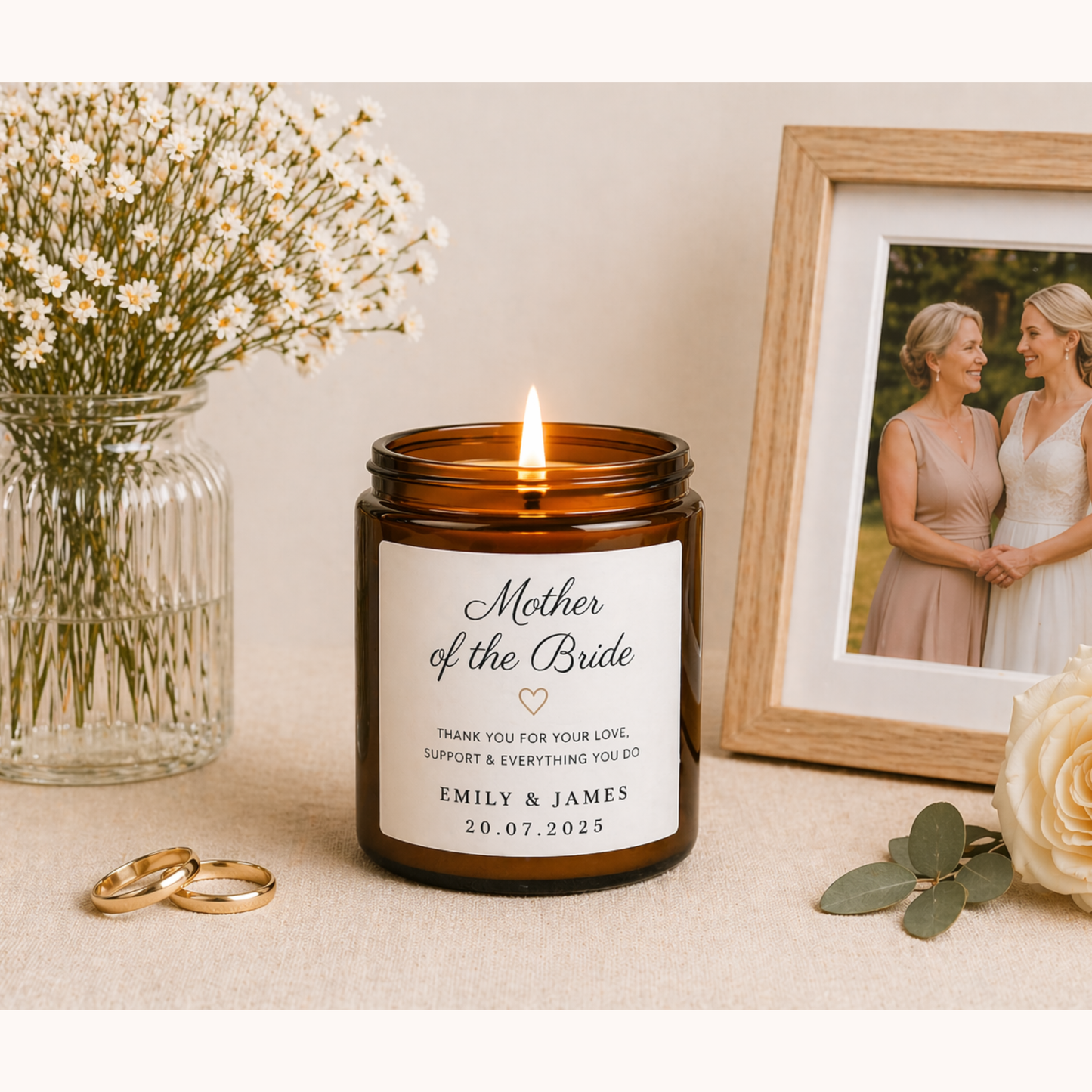 Candle with 'Mother of the Bride' label next to a vase of flowers and framed photo on a table.