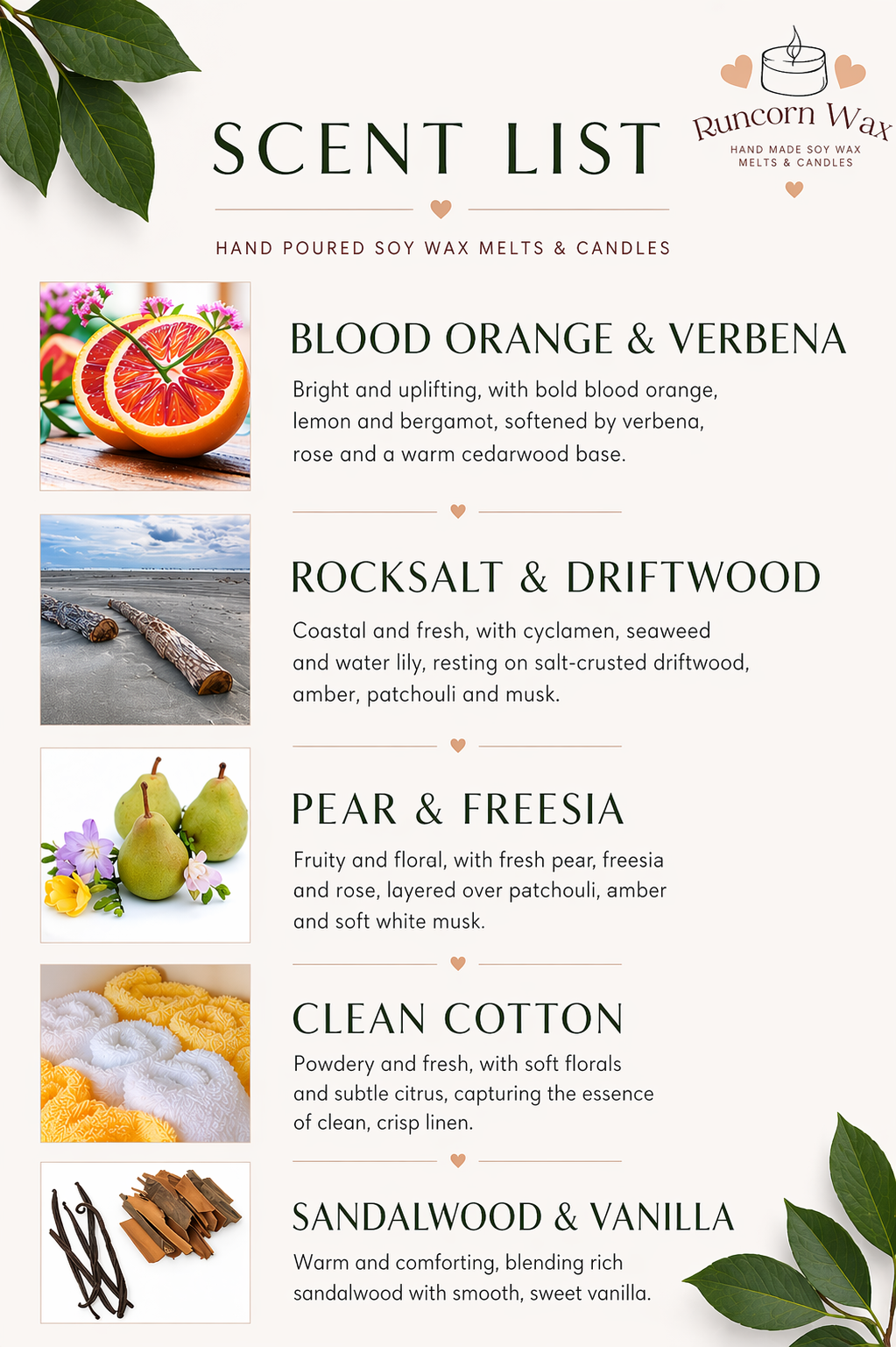 A soft, neutral-toned “Scent List” poster for Runcorn Wax, featuring hand-poured soy wax melts and candles. The layout includes decorative green leaves and small heart icons. Five fragrance options are listed with images and descriptions: Blood Orange & Verbena (citrus fruit image), Rocksalt & Driftwood (beach with driftwood), Pear & Freesia (pears and flowers), Clean Cotton (folded towels), and Sandalwood & Vanilla (vanilla pods and wood). Each scent is described with its fragrance notes, ranging from fres