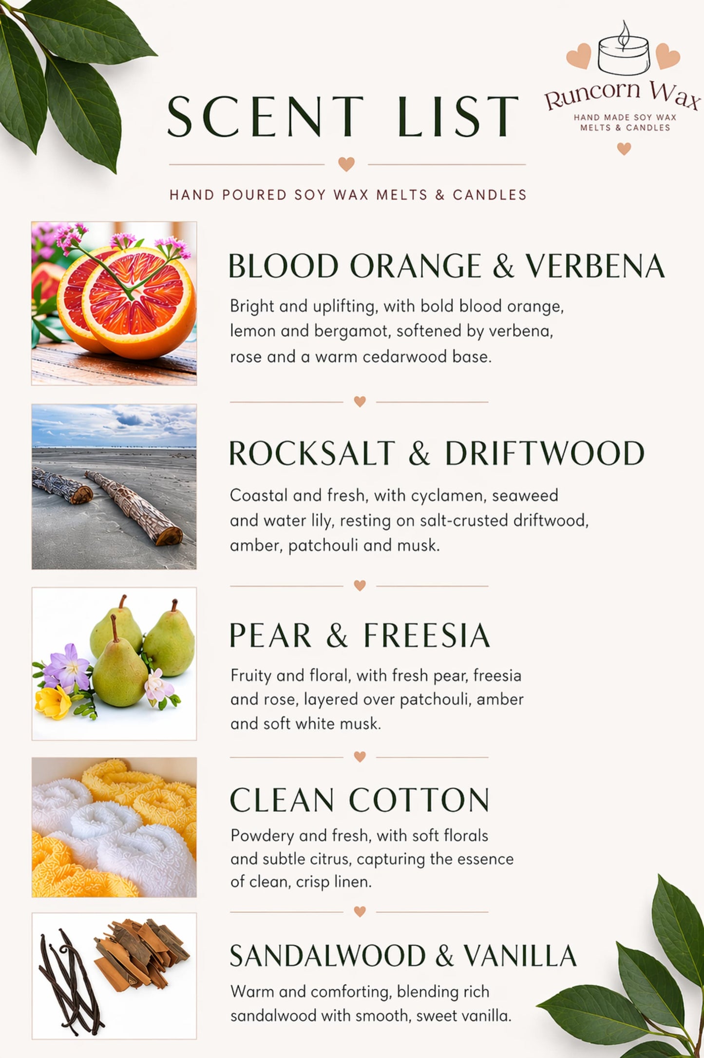 Scent list for hand poured soy wax melts and candles with product images and descriptions.
