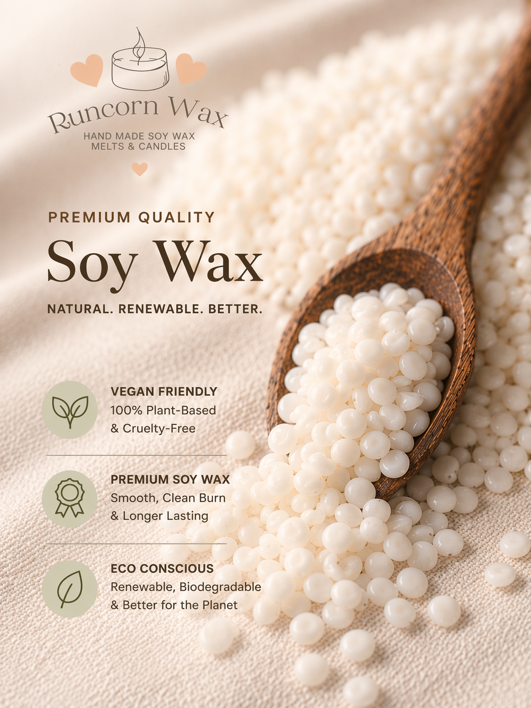 Soy wax beads with a wooden spoon on a light background, featuring Runcorn Wax branding.