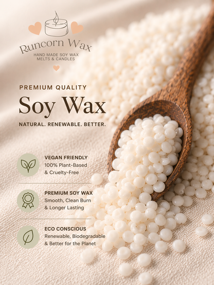 Soy wax beads with a wooden spoon on a light background, featuring Runcorn Wax branding.