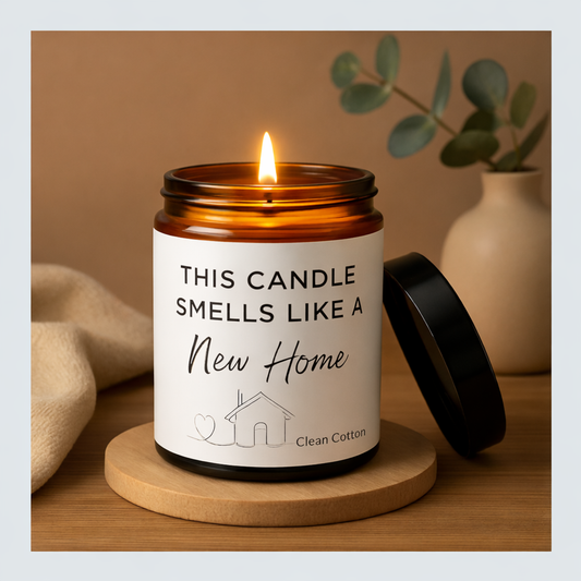Candle labeled 'This Candle Smells Like a New Home' on a wooden coaster with a plant in the background.
