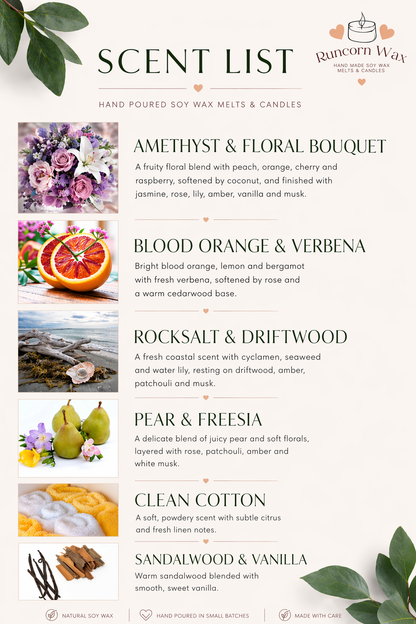 A clean, elegant scent list poster for Runcorn Wax hand-poured soy wax melts and candles. The design features a soft neutral background with green botanical accents and dark green typography. Each fragrance—Amethyst & Floral Bouquet, Blood Orange & Verbena, Rocksalt & Driftwood, Pear & Freesia, Clean Cotton, and Sandalwood & Vanilla—is paired with a corresponding image and a concise description. Decorative hearts and leaf elements add a natural