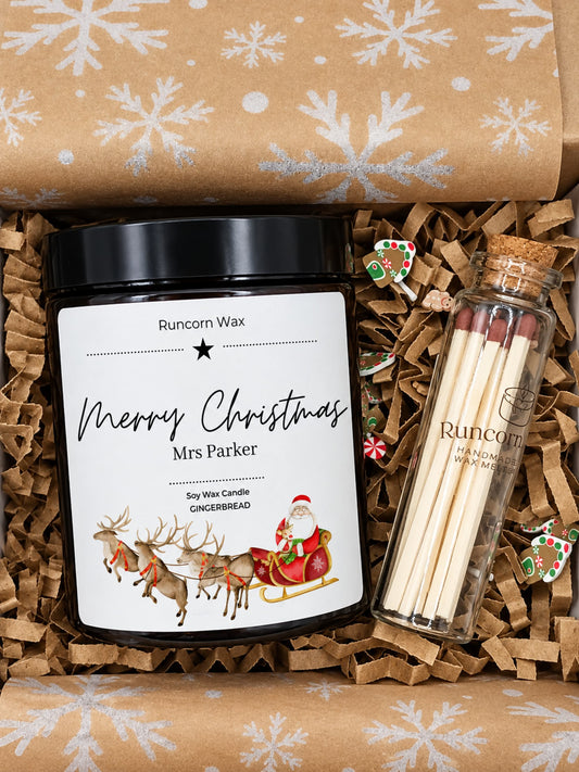 Merry Christmas personalised Gift set with candle, matches, and decorative items in a box with snowflake pattern