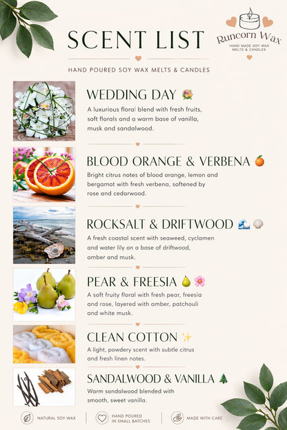Elegant scent list poster for Runcorn Wax hand-poured soy wax melts and candles, featuring a soft neutral background with green botanical accents. Includes fragrances Wedding Day, Blood Orange & Verbena, Rocksalt & Driftwood, Pear & Freesia, Clean Cotton, and Sandalwood & Vanilla, each paired with imagery and concise descriptions. Clean, minimal design with premium, natural aesthetic.