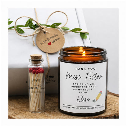 Candle with personalized message and small bottle of matches on a wooden surface thank you teacher form tutor appreciation candle gift set thoughtful end of  term present child