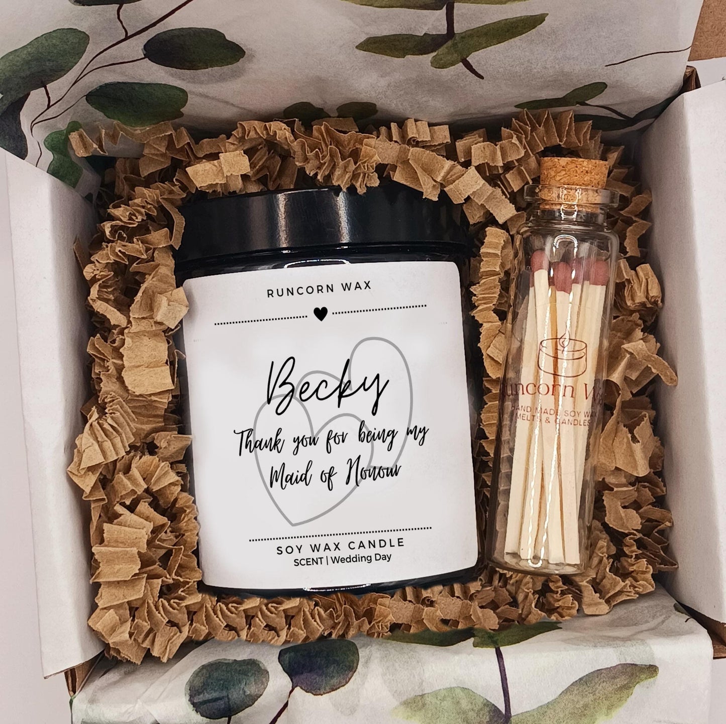 Personalized candle and matchbox set with decorative packaging thank you for being my maid of honour