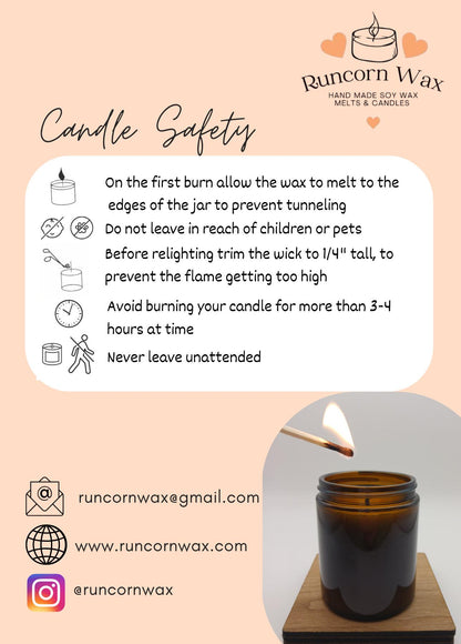 Candle safety information with a lit candle on a beige background, featuring Runcorn Wax branding.