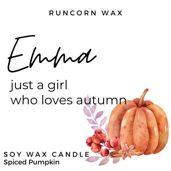 Soy wax candle packaging with pumpkins and berries, featuring the brand 'Runcorn Wax'.