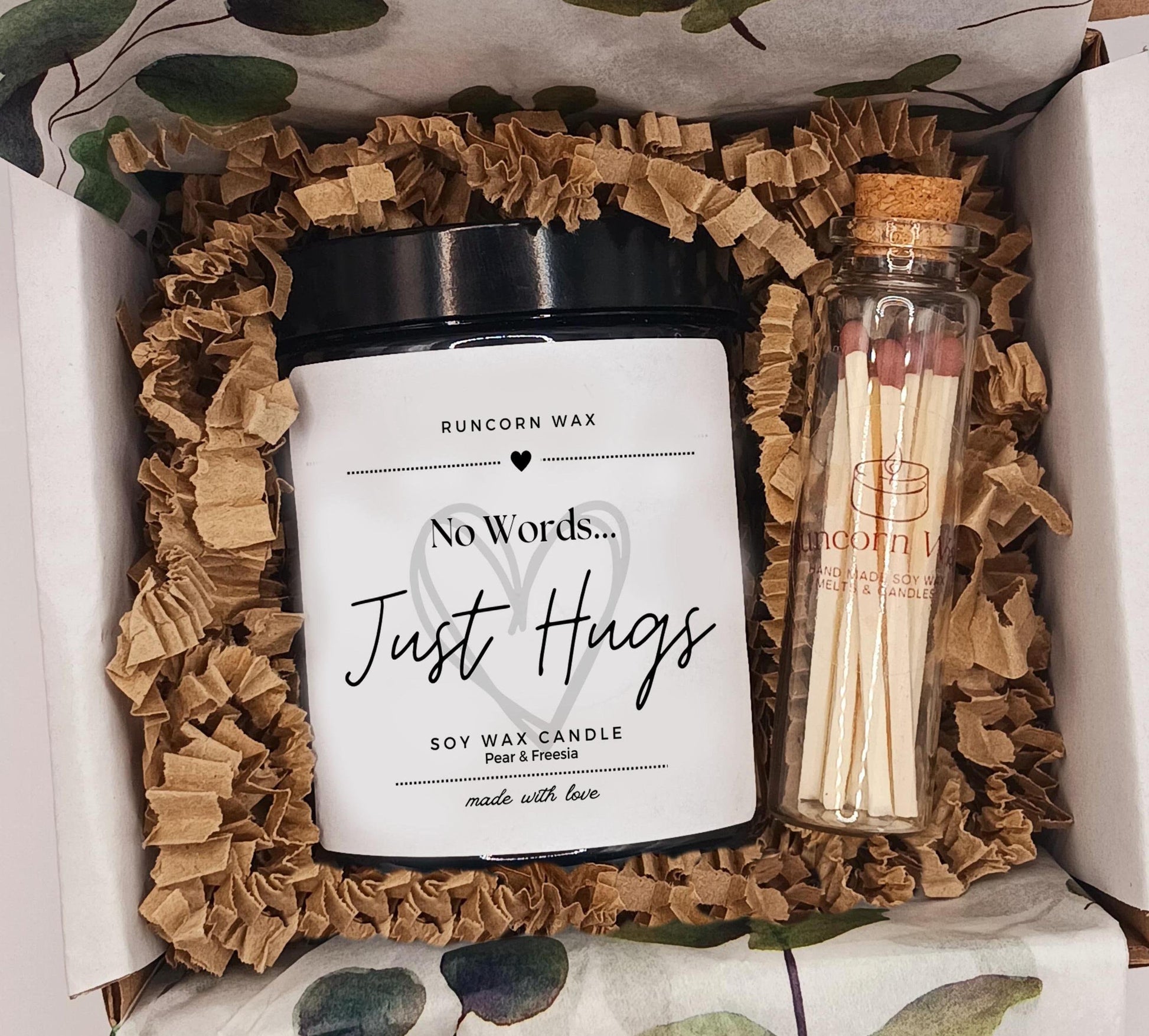 Candle and matches set with 'No Words... Just Hugs' text in a decorative box.